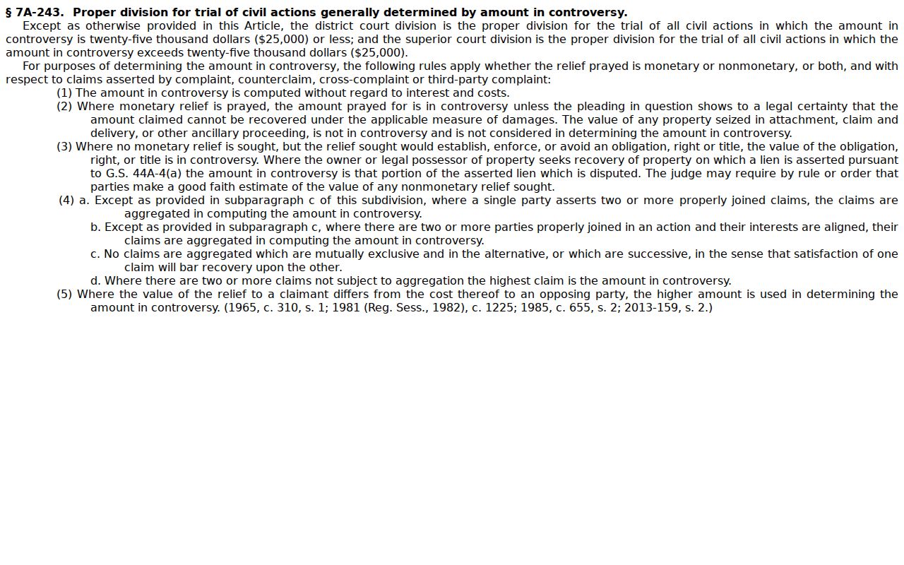 North Carolina civil jurisdiction statute for Richmond County docket divisions