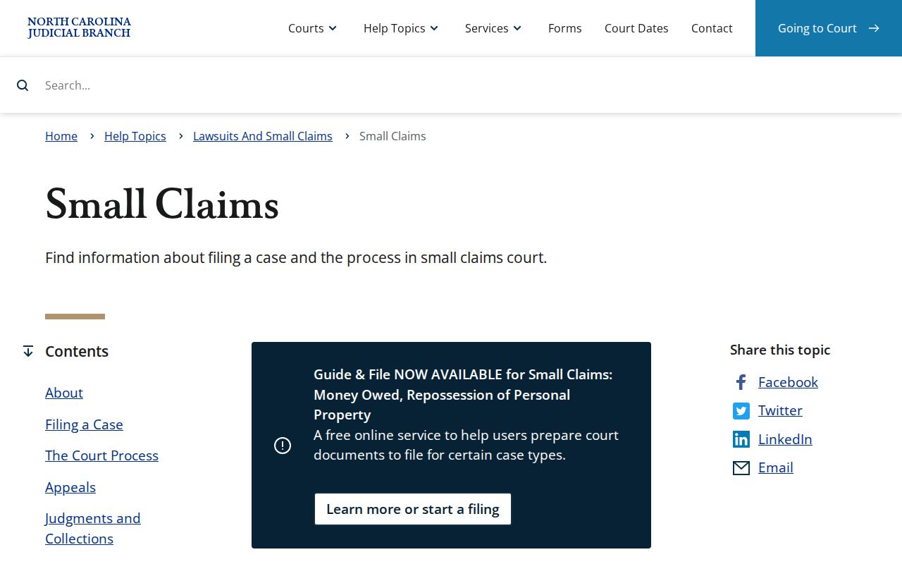 North Carolina small claims source for Richmond County civil docket routing