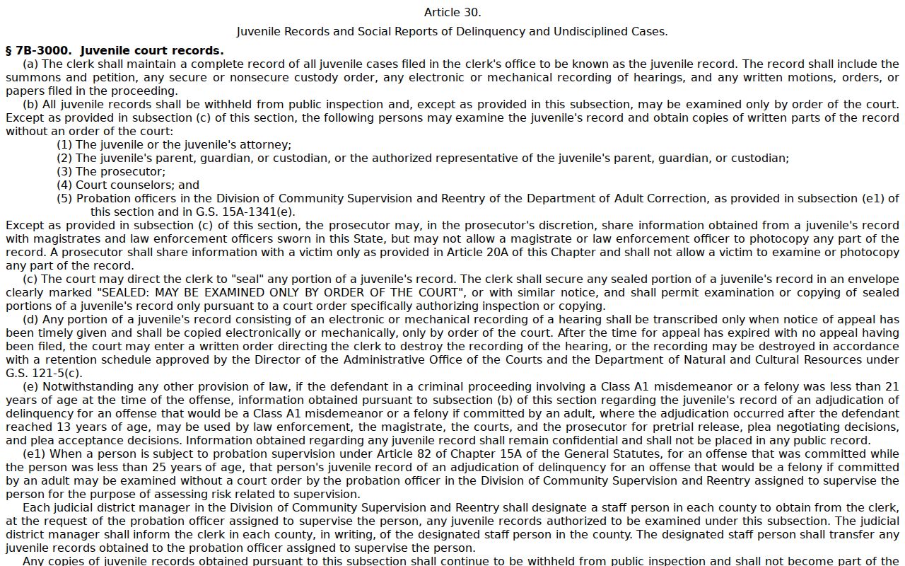 North Carolina juvenile confidentiality statute relevant to Richmond County civil access