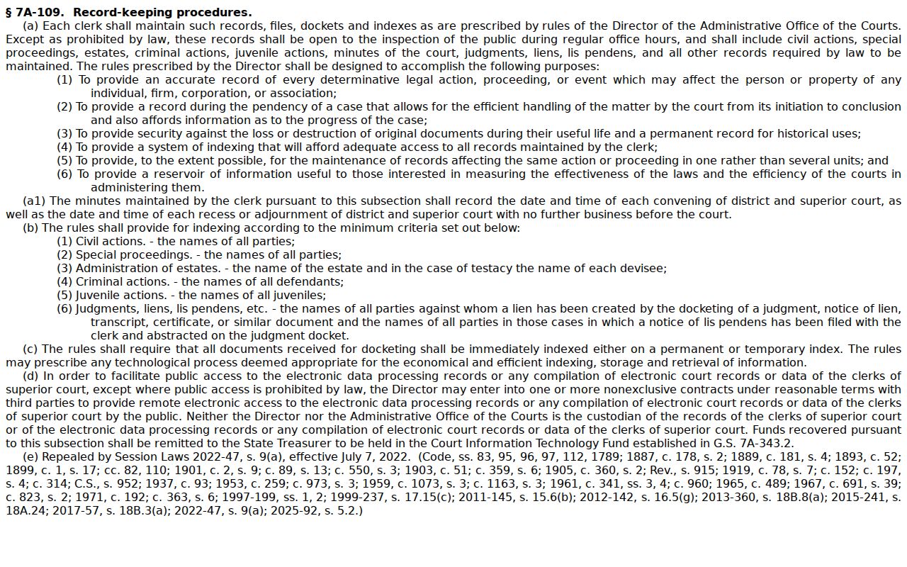 Richmond County court records NCGS 7A-109 access framework