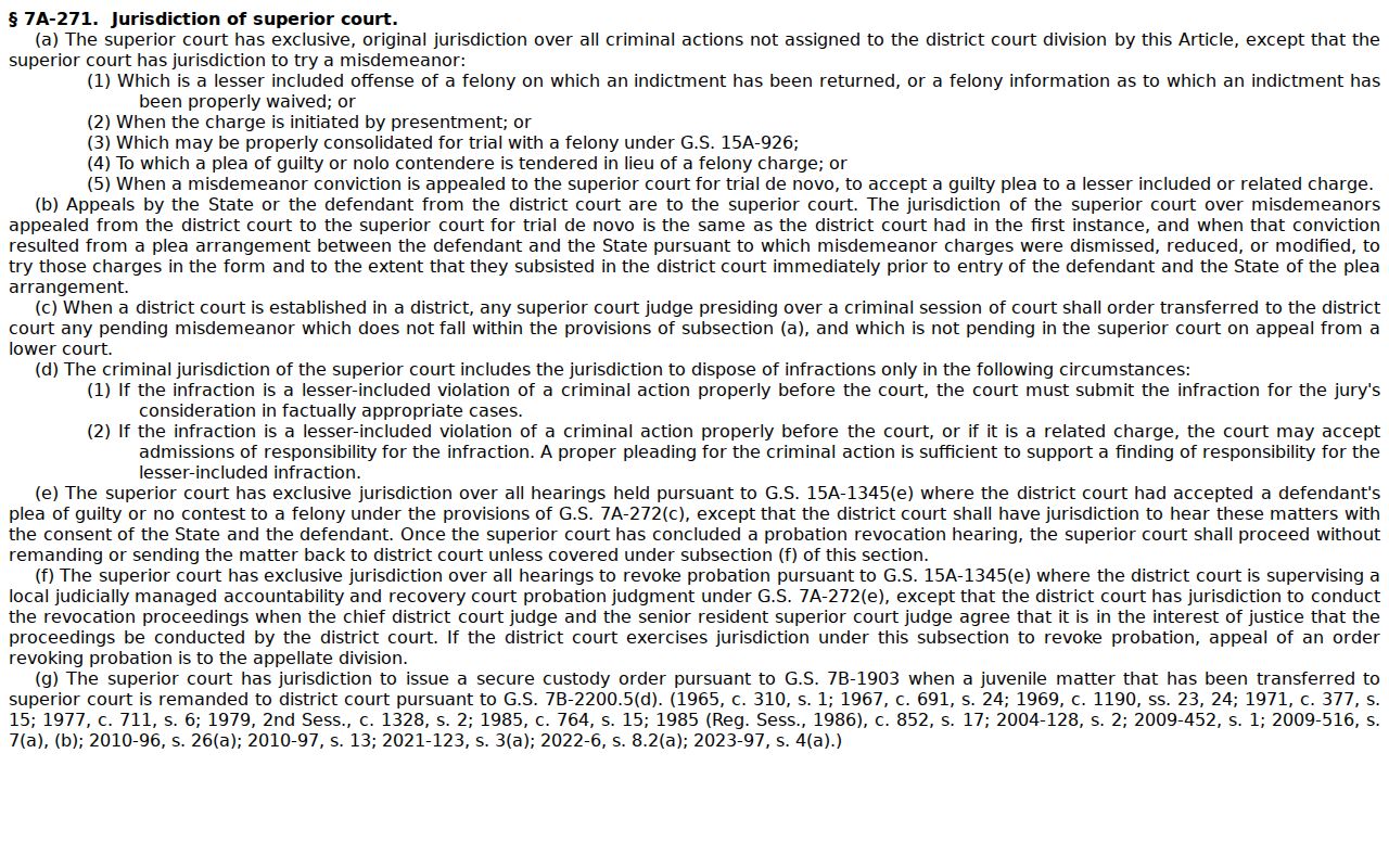 North Carolina statute source for Superior Court criminal jurisdiction in Richmond County
